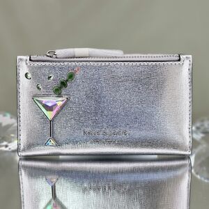 Kate Spade Wallet Silver Multi Martini Shaken Not Stirred Leather Metallic Gift